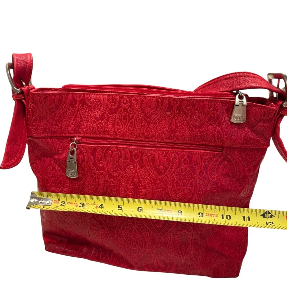 Genuine Leather Red Embossed Paisley Style Shoulder Bag with Adjustable Straps - Picture 12 of 15